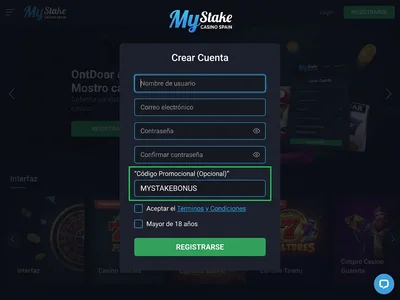 Campo de código promocional MyStake en el formulario de registro